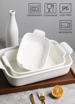 Sweejar Baking Pans Set, Ceramic 9x13 Baking Dish with Handle, Rectangular Casserole Dishes for Oven, Bakeware Sets of 3, Durable Lasagna Pan Deep for Kitchen, Banquet, Wedding Gift(White)