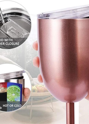 AMZUShome Stainless Steel Wine Glasses Cups.Double Walled Vacuum Insulated Wine Tumbler With Lid and Straw.Friendship,Christmas,Birthday Gifts for Women Men Friends Dad Mom(10oz Rose Gold)