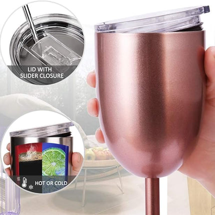AMZUShome Stainless Steel Wine Glasses Cups.Double Walled Vacuum Insulated Wine Tumbler With Lid and Straw.Friendship,Christmas,Birthday Gifts for Women Men Friends Dad Mom(10oz Rose Gold)