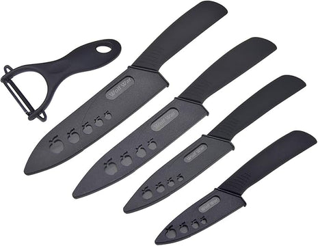 Ceramic Knife, Ceramic Knife Set with Protective Cover, Kitchen Knife Set with 4-Piece Knife and 1 Peeler, Chef's Knife Sets for Meat, Fruit, Vegetables - Black