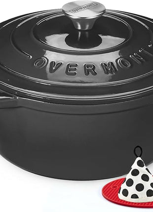 Overmont Enameled Cast Iron Dutch Oven - 5.5QT Pot with Lid Cookbook & Cotton Potholders - Heavy-Duty Cookware for Braising, Stews, Roasting, Bread Baking Graphite Gray