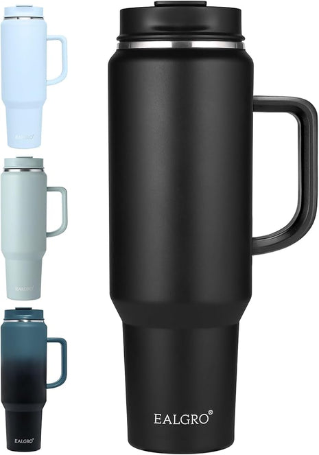 50 oz Tumbler with Handle, Insulated Tumblers with Lid and Straw, Large Metal Sports Water Bottle Jug, Thermal Stainless Steel Travel Coffee Mug Cup, Black