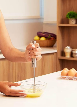 Stainless Steel Egg Whisk - Easy to Use Semi-Automatic Push-Down Zip Whisker - Rotary Hand Mixer for Beating Eggs, Frothing Milk, Blending, Mixing, Whipping Smoothies & Shakes - 2 Pack (12 &14 Inch)
