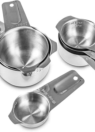 Set of 7 Heavy Duty Measuring Cups, 18/8 Stainless Steel with Ring Connector, Silver