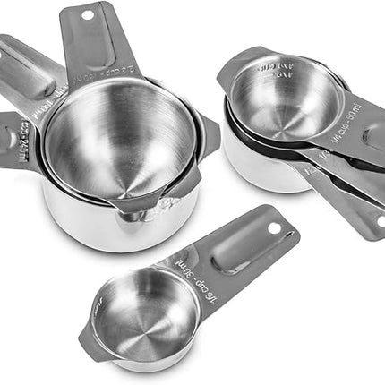 Set of 7 Heavy Duty Measuring Cups, 18/8 Stainless Steel with Ring Connector, Silver