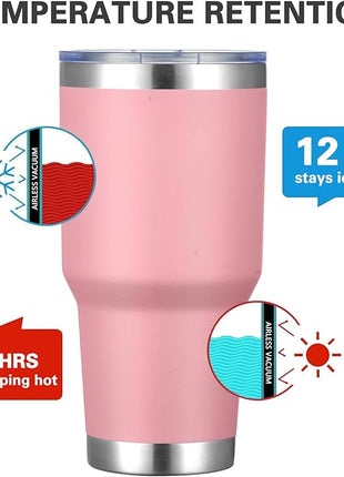 MEWAY 30oz Insulated Tumbler With Lids and Straws,Stainless Steel Double Vacuum Coffee Tumbler Cup, Brush, Durable Powder Coated Coffee Cup for Cold & Hot Drinks, Office, Travel(Pink,4 PACK)