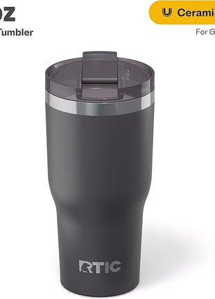 RTIC 30oz Essential Tumbler with Lid, Ceramic Lined, Insulated, Stainless Steel, Metal, Double Wall Vacuum-Insulation, Travel Cup for Iced Coffee, Tea, Hot and Cold Drink, Graphite