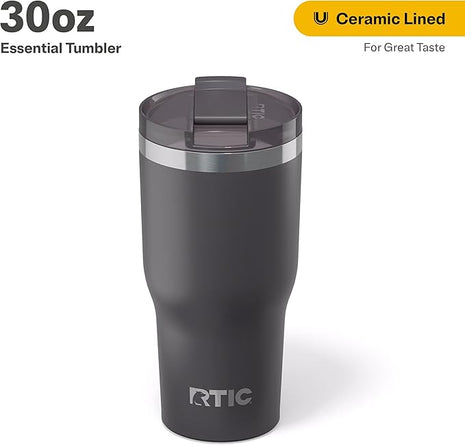 RTIC 30oz Essential Tumbler with Lid, Ceramic Lined, Insulated, Stainless Steel, Metal, Double Wall Vacuum-Insulation, Travel Cup for Iced Coffee, Tea, Hot and Cold Drink, Graphite