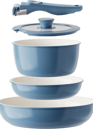 Redchef Ceramic Cookware Set, Removable Handle Pots and Pans Non-Stick, Rv Cookware Set, Non-Toxic Pots and Pans Set No PFAS, PTFE, PFOA, Detachable Pots and Pans, Dishwasher & Oven Safe(Blue)