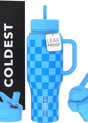 Coldest Tumbler with Handle and Straw - 100% Leak Proof Insulated Tumbler with Lid and Straw (3 Lids) - Stainless Steel Tumblers for Women & Men - Cup Holder Friendly Base, 36 oz (Blue Checkers)