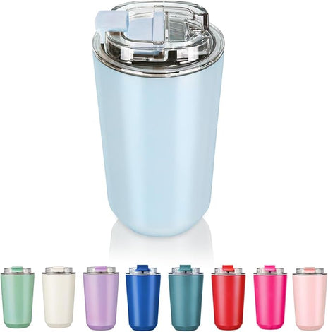 Puraville Insulated Tumblers with Lid, 14 oz Travel Coffee Mug Stainless Steel Vacuum Cup, Leak Proof Reusable Double Walled Coffee Tumbler for Iced and Hot Drinks, Light Blue