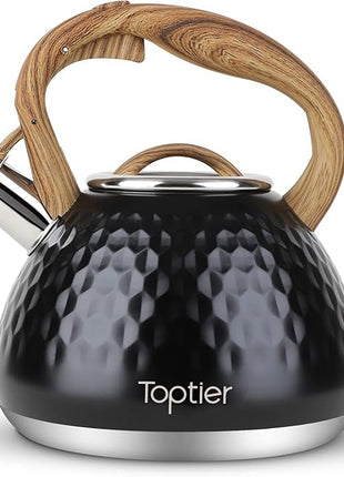 Tea Kettle, Toptier Teapot Whistling Kettle with Wood Pattern Handle Loud Whistle, Food Grade Stainless Steel Tea Pot for Stovetops Induction Diamond Design Water Kettle, 2.7-Quart Black
