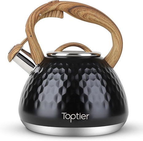 Tea Kettle, Toptier Teapot Whistling Kettle with Wood Pattern Handle Loud Whistle, Food Grade Stainless Steel Tea Pot for Stovetops Induction Diamond Design Water Kettle, 2.7-Quart Black