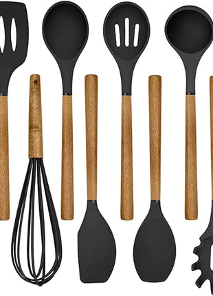 Country Kitchen Non Stick Silicone Utensil Set with Rounded Wood Handles for Cooking and Baking, 8 Piece Set, Black