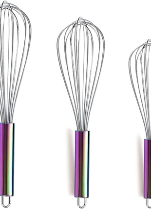 Berglander Rainbow Handle Whisk Pack of 3 Stainless Steel 8",10",12", Titianium Plating Colorful Handle Whisks for Cooking, Beater,Wire Whisk Set Kitchen Wisk (Rainbow Handle)