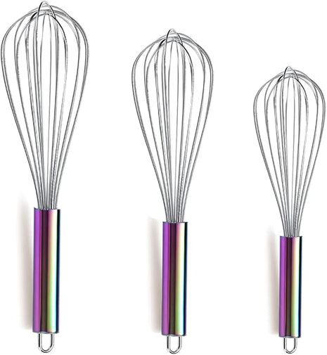 Berglander Rainbow Handle Whisk Pack of 3 Stainless Steel 8",10",12", Titianium Plating Colorful Handle Whisks for Cooking, Beater,Wire Whisk Set Kitchen Wisk (Rainbow Handle)