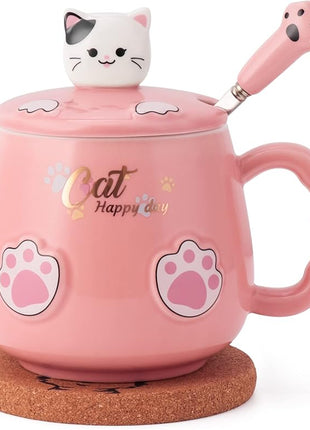 Bgbg Cute Cat Mug, Novelty Ceramic Coffee Tea Milk Cup with Lovely Kitty Lid, Kawaii Claw Spoon, Anime Coaster, Novelty Things Birthday Christmas Gift for Cat Lovers Women Her, 14 oz, Pink