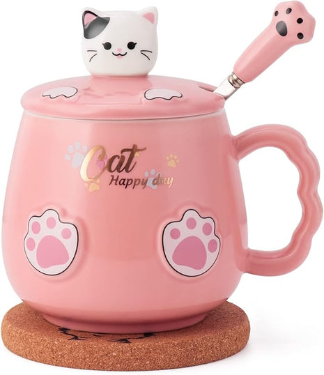 Bgbg Cute Cat Mug, Novelty Ceramic Coffee Tea Milk Cup with Lovely Kitty Lid, Kawaii Claw Spoon, Anime Coaster, Novelty Things Birthday Christmas Gift for Cat Lovers Women Her, 14 oz, Pink