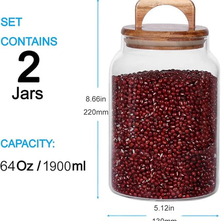 SAIOOL Canister Set of 2, Glass Kitchen Canisters with Airtight Acacia Lid, Tall Clear Airtight Food Storage Jar, Kitchen Pantry Storage Container for Noodles Flour Cereal Coffee