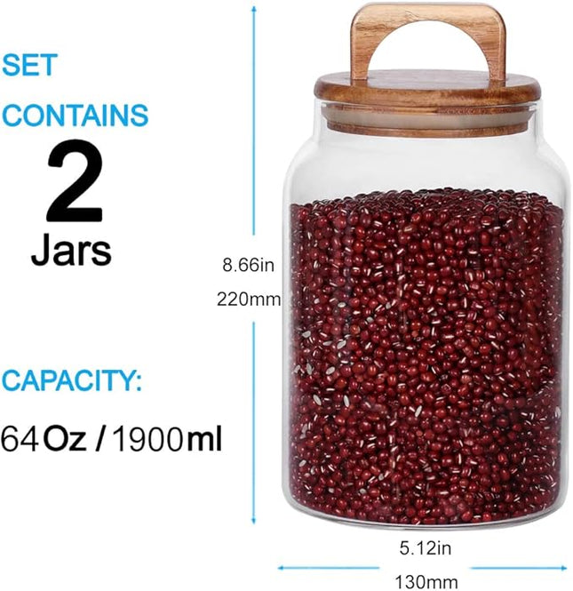 SAIOOL Canister Set of 2, Glass Kitchen Canisters with Airtight Acacia Lid, Tall Clear Airtight Food Storage Jar, Kitchen Pantry Storage Container for Noodles Flour Cereal Coffee