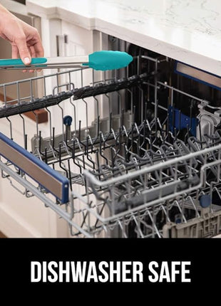 GORILLA GRIP Stainless Steel Heat Resistant Kitchen Tongs for Cooking, 9 + 12 Inch, Set of 2 BBQ Tong, Non Scratch Silicone Tip for Pan, Strong Grip, Grab Food, Salad, Air Fryer, Pull Lock, Turquoise