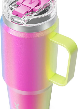 Meoky 32 oz Tumbler with Handle, Insulated Tumbler with Lid and Straw, Stainless Steel Travel Mug, 100% Leak Proof, Keeps Cold for 24 Hours or Hot for 8 Hours, Fits in Car Cup Holder (Carnival)