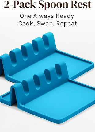 Light Blue Silicone Spoon Rest for Stove Top with Drip Pad (Two Pack) - Heat Resistant BPA Free Utensil Rest & Spoon Holder for Kitchen Counter - Grill Utensil Holder - Spatula Holder, Tongs, Ladle