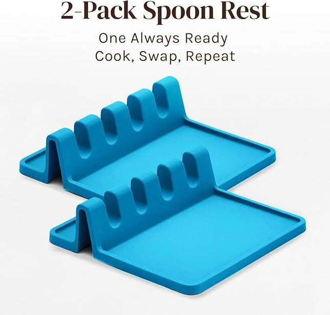 Light Blue Silicone Spoon Rest for Stove Top with Drip Pad (Two Pack) - Heat Resistant BPA Free Utensil Rest & Spoon Holder for Kitchen Counter - Grill Utensil Holder - Spatula Holder, Tongs, Ladle