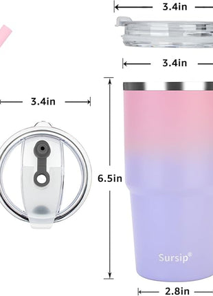 Sursip 24 oz Insulated Cup with Handle, Double Wall Vacuum Stainless Steel Tumbler with Straw and 2 Lids, For Cold/Hot Drinks, Coffee Travel Mug for Car/Home/Office/Party/Camping (Pink＆Purple-1 Pack)