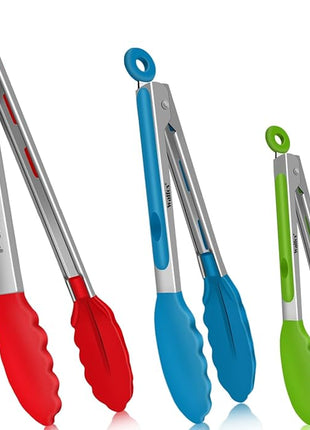 Walfos Silicone Tongs for Cooking - Heat Resistant kitchen tongs for Salad,Cooking, Grilling,Stainless Steel and BPA Free Silicone Tips set of 3 (7" 9" and 12 inch)