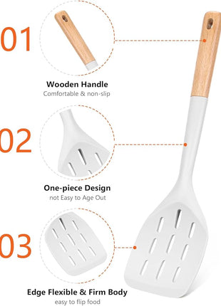 Pack of 2 Silicone Spatula, Non Stick Cooking Utensil Set Wooden Handle Kitchen Turner for Baking Mixing Grilling Serving Food Heat Resistant Non Scratch Hooks Included (White)