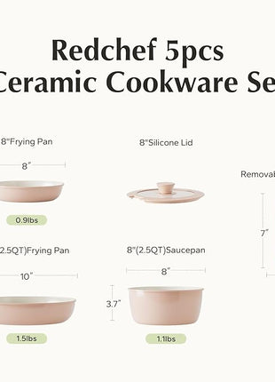 Redchef Ceramic Cookware Set, Removable Handle Pots and Pans Non-Stick, Rv Cookware Set, Non-Toxic Pots and Pans Set No PFAS, PTFE, PFOA, Detachable Pots and Pans, Dishwasher & Oven Safe (Pink)