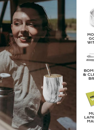 BALIBETOV 5 pcs large Yerba Mate Cup and Bombilla Kit, Includes one 12 oz Yerba Mate Gourd with Lid, Two Bombillas Mate Straw and one cleaning brush | Stainless steel | Double Walled