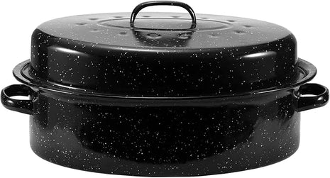 JY COOKMENT Granite Roaster Pan, 18' Enameled Roasting Pan with Domed Lid. Oval Turkey Roaster, Great for Chicken, Lamb, Vegetable. Dishwasher Safe Cookware Fit for 18Lb Turkey