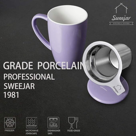 Sweejar Porcelain Tea Infuser Mug with Lid, 16 oz Teacup with Strainers for Loose Leaf Tea, Microwave and Dishwasher Safe Coffee Mug(Purple)