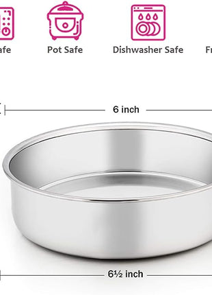 E-far 6 Inch Cake Pan Set of 2, Stainless Steel Round Smash Cake Baking Pans, Non-Toxic & Healthy, Mirror Finish & Dishwasher Safe