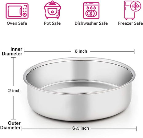 E-far 6 Inch Cake Pan Set of 2, Stainless Steel Round Smash Cake Baking Pans, Non-Toxic & Healthy, Mirror Finish & Dishwasher Safe