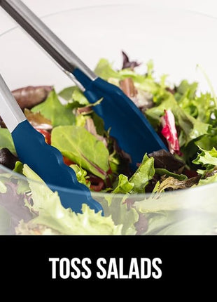 GORILLA GRIP Stainless Steel Heat Resistant Kitchen Tongs for Cooking, Set of 2 BBQ Tong, Non Scratch Silicone Tip for Pans, Strong Grip, Grab Food, Toss Salad, Air Fryer, Pull Lock, 7 + 9 Inch, Blue