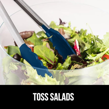 GORILLA GRIP Stainless Steel Heat Resistant Kitchen Tongs for Cooking, Set of 2 BBQ Tong, Non Scratch Silicone Tip for Pans, Strong Grip, Grab Food, Toss Salad, Air Fryer, Pull Lock, 7 + 9 Inch, Blue