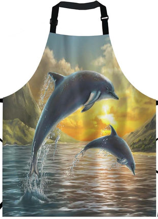 EKOBLA Dolphin Aprons Ocean Jumping Sea Beautiful Sunset Beautiful Landscape Clouds Wave Waterproof Resistant Chef Cooking Kitchen BBQ Adjustable Aprons for Women Men 27x31 Inch