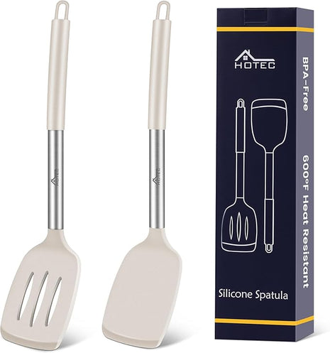 HOTEC Silicone Spatula Set of 2 Heat-Resistant 600°F & BPA-Free Kitchen SaptulaTurner with Stainless Steel Handles, Slotted & Solid Spatulas for Nonstick Cookware, 13.7 Inch, Khaki