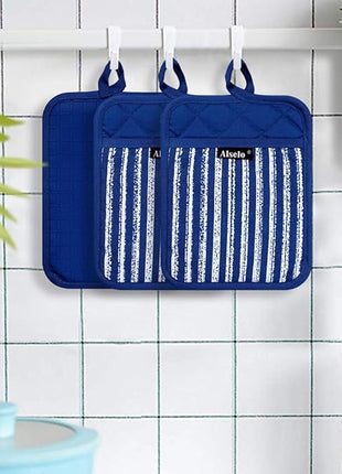 Silicone Pot Holders Set of 3 Heat Resistant & Non Slip Potholders, Professional Oven Hot Pads with Pockets Mitts for Kitchen Cooking Baking Barbecue (Cobait Blue, 3)