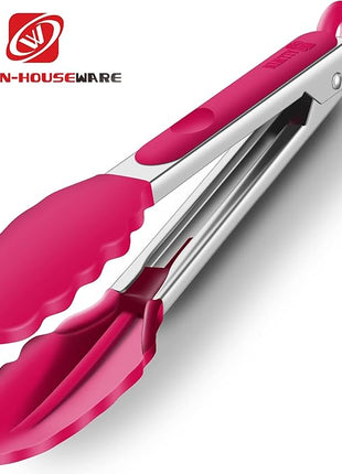 Premium Stainless Steel Food Tongs, 9-Inch & 12-Inch Wine Red Silicone BPA Free Non-Stick BBQ Cooking Grilling Locking Kitchen Tong