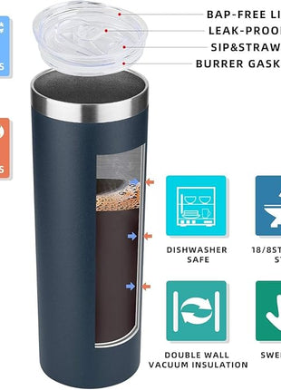 HASLE OUTFITTERS 20 oz Skinny Tumblers Bulk Set, Stainless Steel Insulated Slim Tumblers with Lids, Reusable Double Wall Travel Coffee Mugs, Durable Powder Coated Travel Water Cups(Navy, 12)