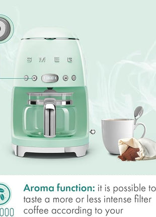 Smeg 50's Retro Style Aesthetic Drip Coffee Machine with 10 Cup Glass Carafe, Auto Start Feature, Keep Warm Plate, and Two Coffee Strength Settings (Pastel Green)