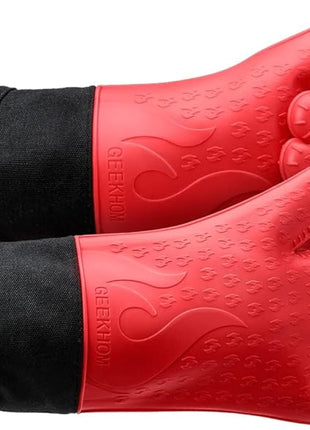 GEEKHOM Silicone Grilling Gloves, Heat Resistant Oven Mitts, BBQ Gloves, Waterproof Non-Slip for Barbecue, Cooking, Baking, Fryer, Red