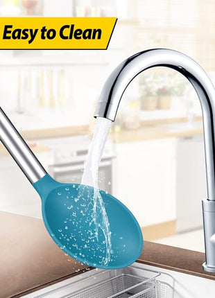 Pack of 2 Large Silicone Cooking Spoon Non Stick Solid Basting Spoons Heat-Resistant Kitchen Utensils for Mixing Serving (Gray-Blue)