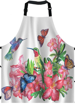 EKOBLA Hummingbirds Aprons Watercolor Painting Butterflies Blossoming Flowers Colorful Waterproof Resistant Chef Cooking Kitchen BBQ Adjustable Aprons for Women Men 27x31 Inch
