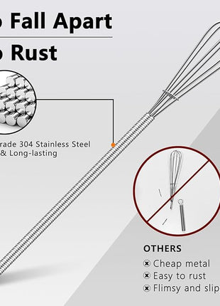 Walfos Long Small Whisks Skinny Little Whisk 10 inch Tiny Mini Whisk With Long Handle for Mixing Sauces, Coffee, Cooking,Beating, Blending Ingredients,