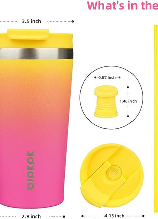 BJPKPK 18oz Stainless Steel Insulated Tumbler With lid And Straw Travel Coffee Thermal Tumblers Cup For Women And Men,Pink Yellow Rose